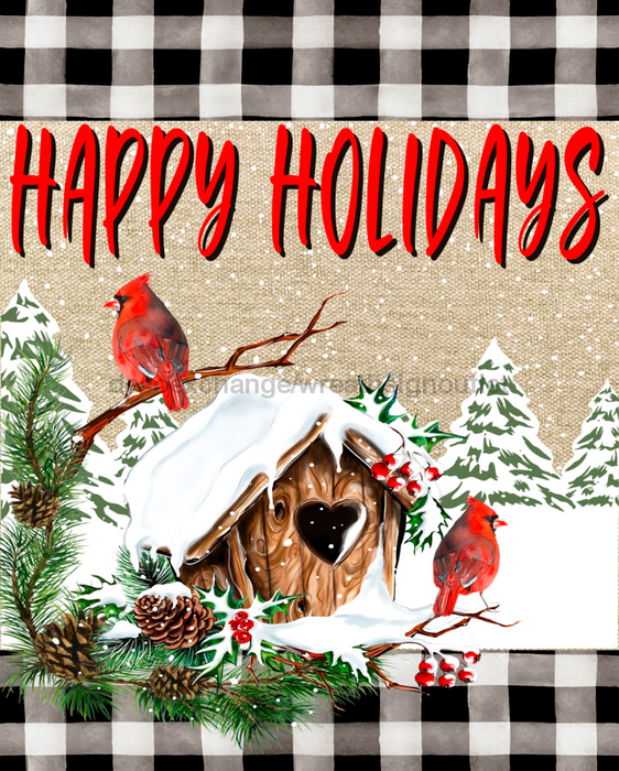 Wreath Sign, Happy Holidays, Christmas Cardinals, Christmas Sign, 8x10"Metal Sign DECOE-357, Sign For Wreath, DecoExchange - DecoExchange