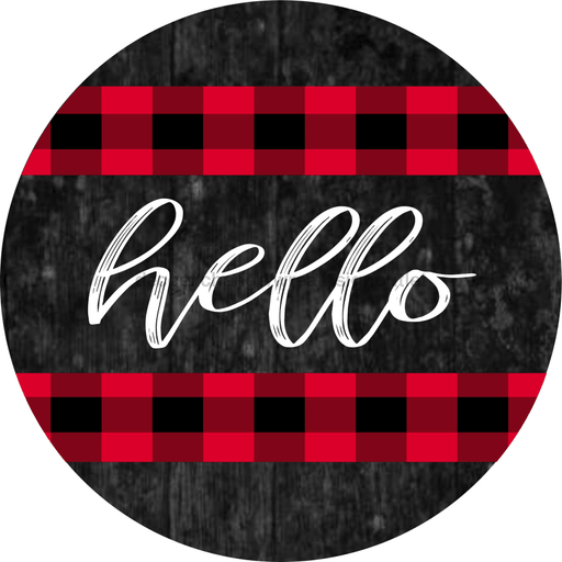 Wreath Sign, Hello Sign, Red and Black Sign, 12" Round Metal Sign DECOE-848, Sign For Wreath, DecoExchange - DecoExchange