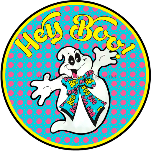 Wreath Sign, Hey Boo Halloween Sign, 12" Round Metal Sign DECOE-229, Sign For Wreath, DecoExchange - DecoExchange