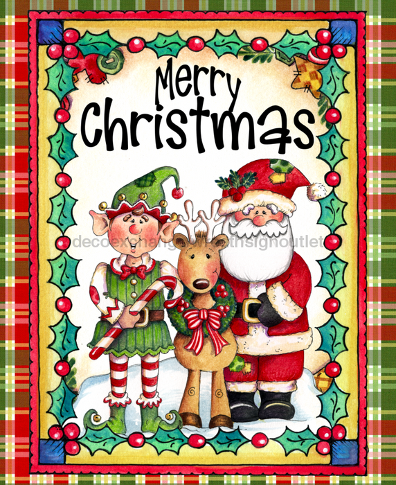 Wreath Sign, Merry Christmas, Santa Elf Reindeer,  8x10"Metal Sign DECOE-335, Sign For Wreath, DecoExchange - DecoExchange