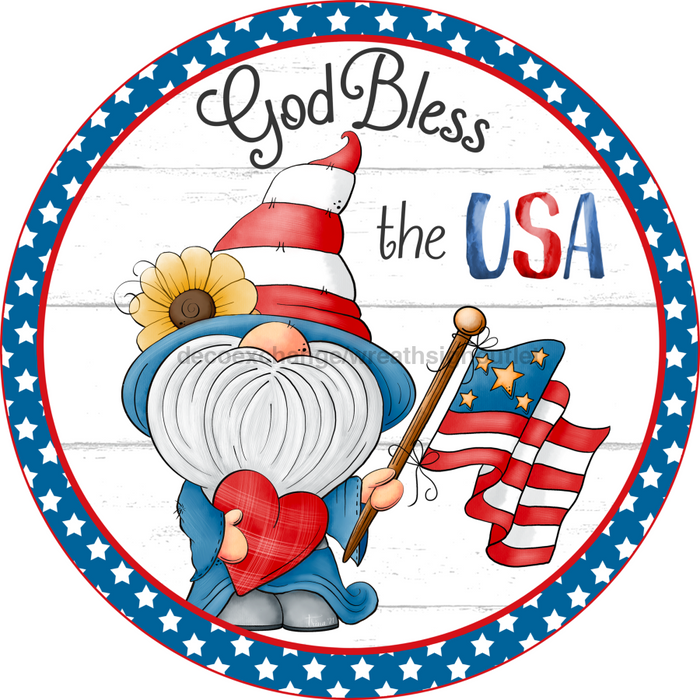 Wreath Sign, Patriotic Sign, Gnome Sign, 18" Wood Round  Sign DECOE-265, Sign For Wreath, DecoExchange