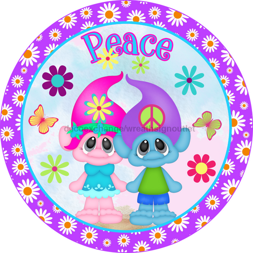 Wreath Sign, Peace Sign, Trolls Sign, 18" Wood Round  Sign DECOE-276, Sign For Wreath, DecoExchange