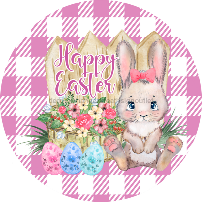 Wreath Sign, Pink Easter Sign, Plaid Bunny, 10" Round Metal Sign DECOE-459, Sign For Wreath, DecoExchange - DecoExchange