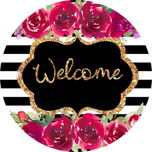 Wreath Sign, Pink Welcome Sign, Floral Sign, 10" Round Metal Sign DECOE-809, Sign For Wreath, DecoExchange - DecoExchange