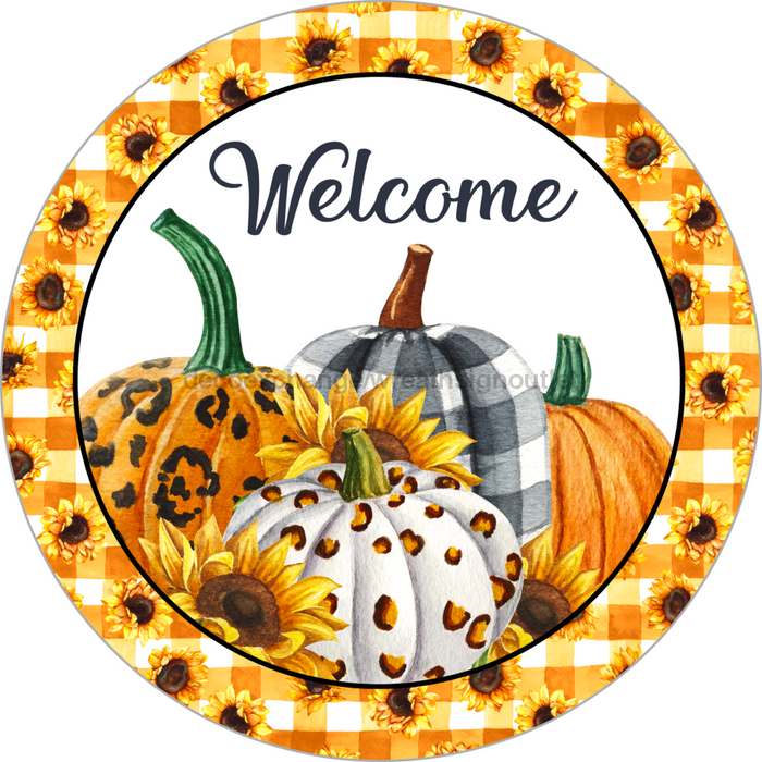 Wreath Sign, Pumpkin Sign, Welcome Fall Sign, 10" Round Metal Sign DECOE-826, Sign For Wreath, DecoExchange - DecoExchange