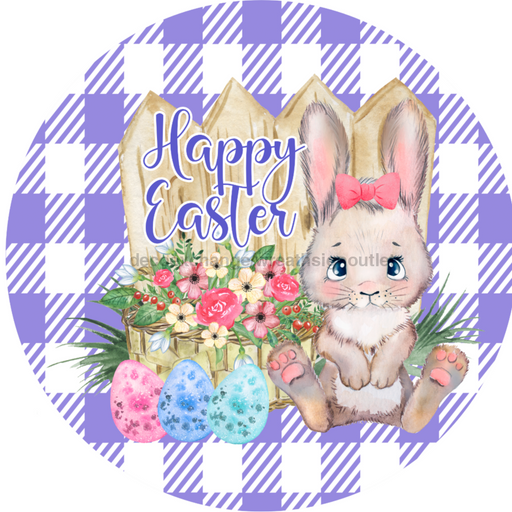 Wreath Sign, Purple Easter Sign, Plaid Bunny, 10" Round Metal Sign DECOE-458, Sign For Wreath, DecoExchange - DecoExchange