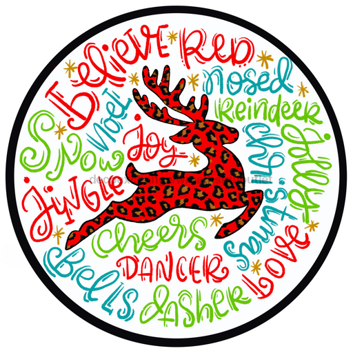 Wreath Sign, Reindeer Typography 10" Round Metal Sign DECOE-190, Sign For Wreath, DecoExchange - DecoExchange