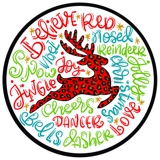 Wreath Sign, Reindeer Typography 12" Round Metal Sign DECOE-190, Sign For Wreath, DecoExchange - DecoExchange
