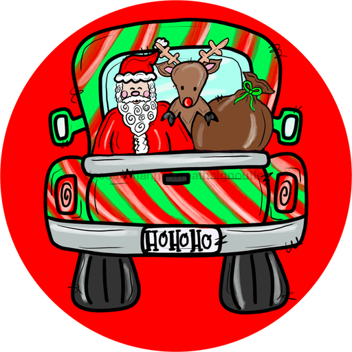 Wreath Sign, Santa Christmas Truck, 12" Round, Metal Sign, DECOE-701, DecoExchange, Sign For Wreath - DecoExchange
