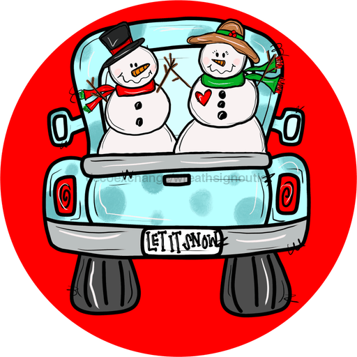 Wreath Sign, Snowman Christmas Truck, 10" Round, Metal Sign, DECOE-699, DecoExchange, Sign For Wreath - DecoExchange