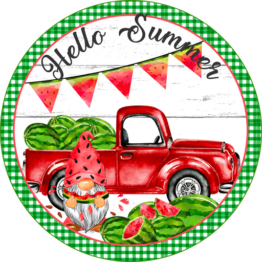 Wreath Sign, Summer Sign, Truck and Watermelon Sign, 12" Round Metal Sign DECOE-834, Sign For Wreath, DecoExchange - DecoExchange