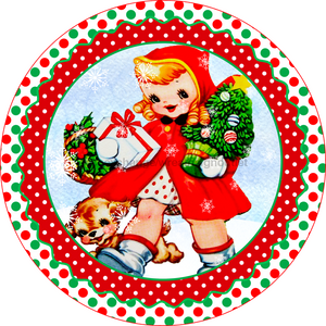 Wreath Sign, Vintage Christmas Sign, Christmas Girl, 10" Round, Metal Sign, DECOE-752, DecoExchange, Sign For Wreath - DecoExchange