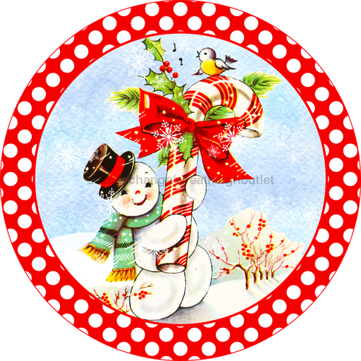 Wreath Sign, Vintage Christmas Sign, Snowman Sign, 10" Round, Metal Sign, DECOE-883, DecoExchange, Sign For Wreath - DecoExchange