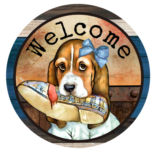 Wreath Sign, Welcome Sign, Beagle Sign, 10" Round Metal Sign DECOE-288, Sign For Wreath, DecoExchange - DecoExchange