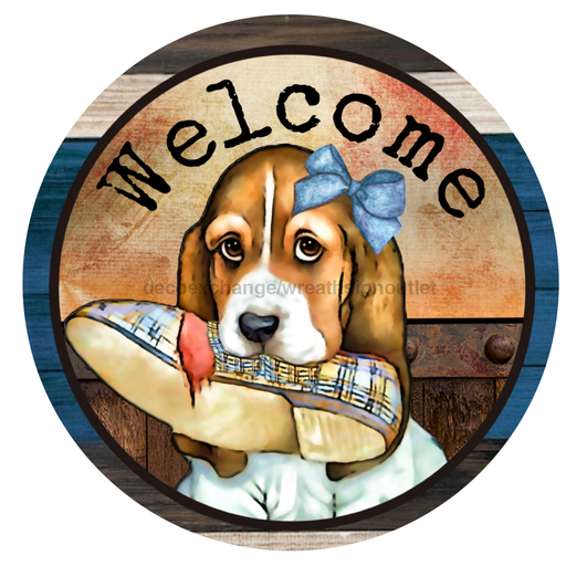 Wreath Sign, Welcome Sign, Beagle Sign, 10" Round Metal Sign DECOE-288, Sign For Wreath, DecoExchange - DecoExchange