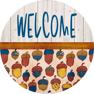 Wreath Sign, Welcome Fall, Blue Fall Sign, 10" Round Metal Sign DECOE-707, Sign For Wreath, DecoExchange - DecoExchange