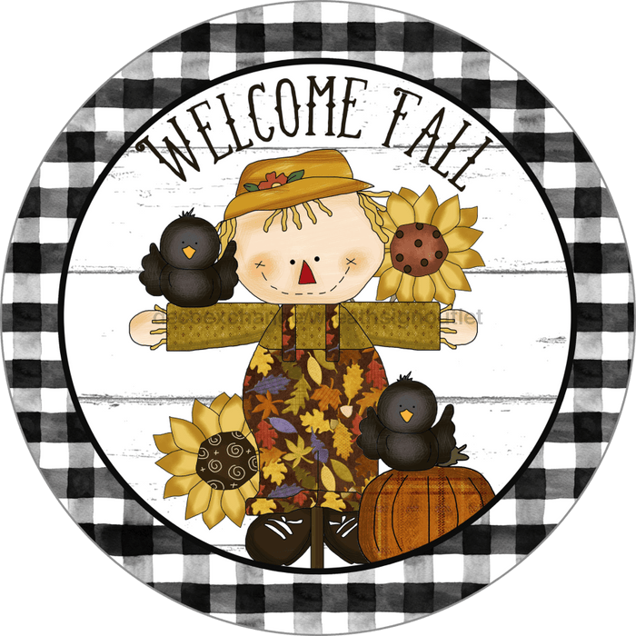 Wreath Sign, Welcome Fall Sign, Scarecrow Sign, 10" Round, Metal Sign, DECOE-106, DecoExchange, Sign For Wreath - DecoExchange