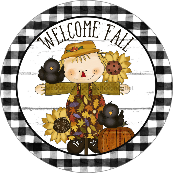 Wreath Sign, Welcome Fall Sign, Scarecrow Sign, 18" Wood Round,  Sign, DECOE-106, DecoExchange, Sign For Wreath