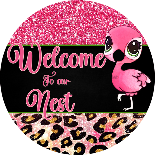 Wreath Sign, Welcome Sign, Flamingo Sign, 10" Round Metal Sign DECOE-296, Sign For Wreath, DecoExchange - DecoExchange
