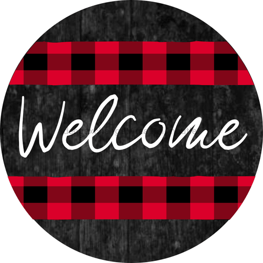 Wreath Sign, Welcome Sign, Red and Black Sign, 10" Round Metal Sign DECOE-848, Sign For Wreath, DecoExchange - DecoExchange
