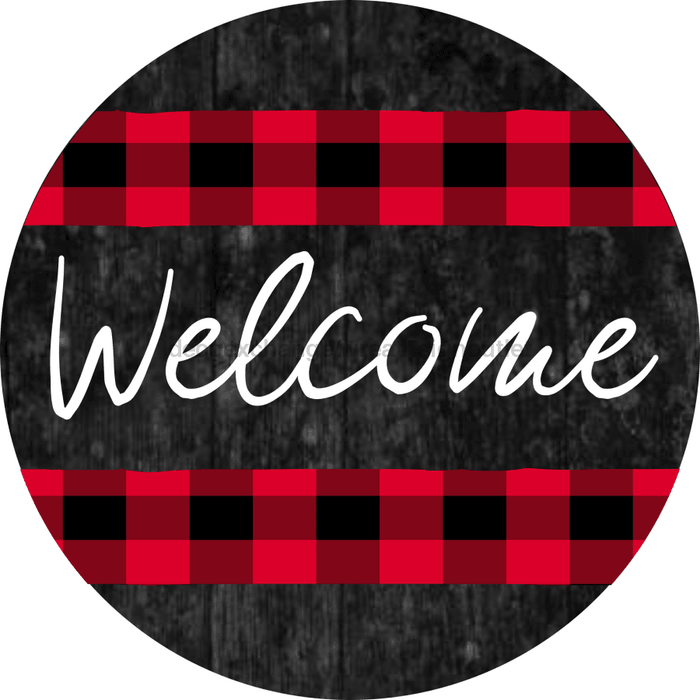 Wreath Sign, Welcome Sign, Red and Black Sign, 12" Round Metal Sign DECOE-848, Sign For Wreath, DecoExchange - DecoExchange