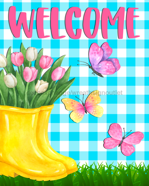 Wreath Sign, Welcome Sign, Rubber Boots Sign, Spring Sign, 8x10" Metal Sign DECOE-374, Sign For Wreath, DecoExchange - DecoExchange