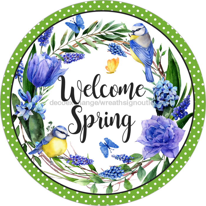Wreath Sign, Welcome Spring Sign, Blue Flower Sign, DECOE-527, Sign For Wreath, DecoExchange - DecoExchange