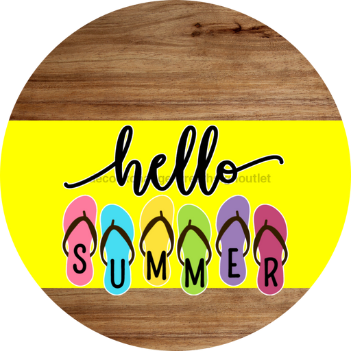 Yellow Hello Summer Flip Flop Door Hanger Dco-01644-Dh-Y 18’ Round Wood