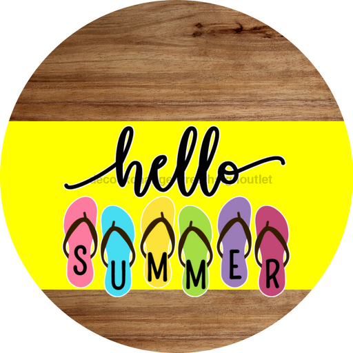 Yellow Hello Summer Flip Flop Door Hanger Dco-01644-Dh-Y 18’ Round Wood