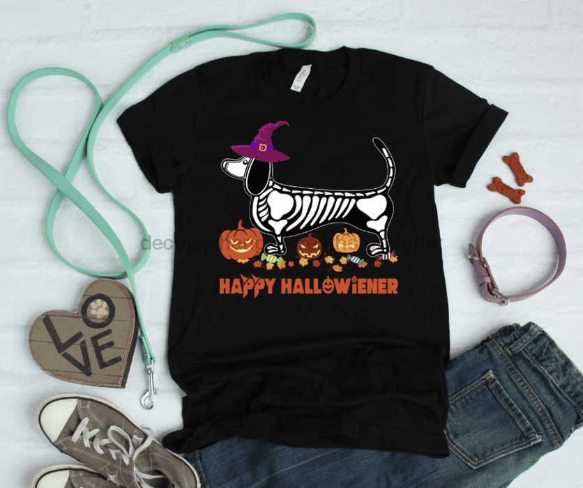 Happy Halloweiner, Happy Halloween, Halloween Dog Shirt, Weiner Dog Shirt, Dachshund Shirt, Short-Sleeve Unisex T-Shirt - DecoExchange
