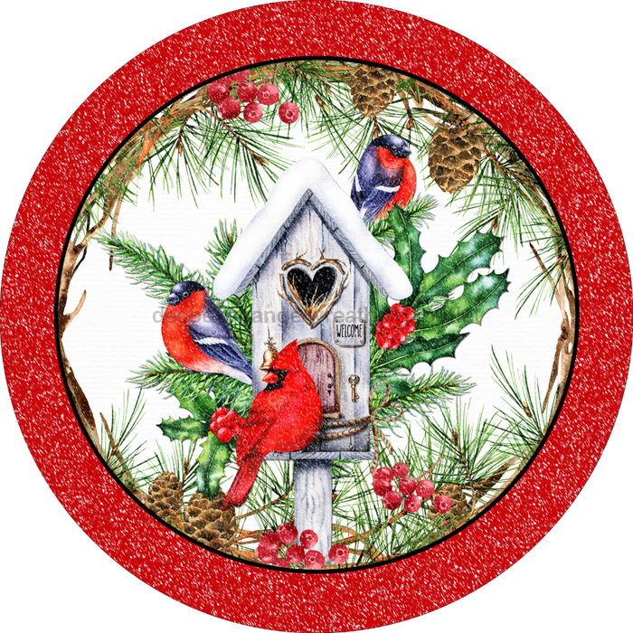Wreath Sign, 10" Round Vinyl Decal - Christmas Cardinals - DECOE-077, DecoExchange, Sign For Wreaths - DecoExchange