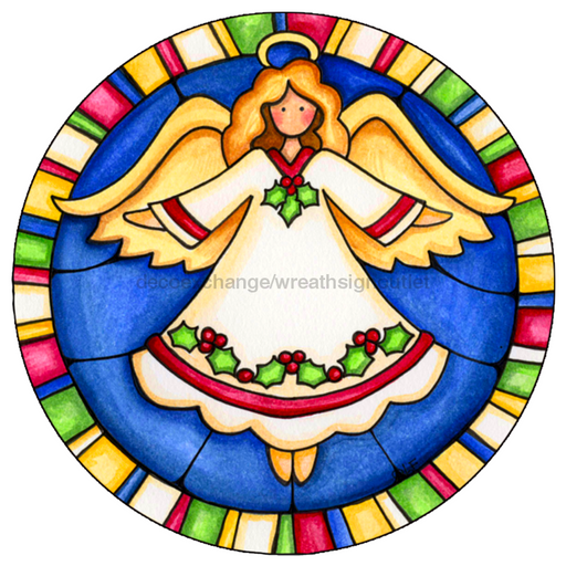 Wreath Sign, Stain Glass Angel - Christmas - 10" Round Metal Sign DECOE-174, DecoExchange, Sign For Wreaths - DecoExchange