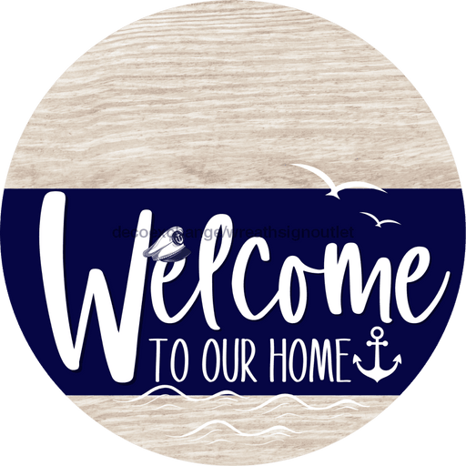 Welcome To Our Home Sign Nautical Navy Stripe White Wash Decoe-3105-Dh 18 Wood Round