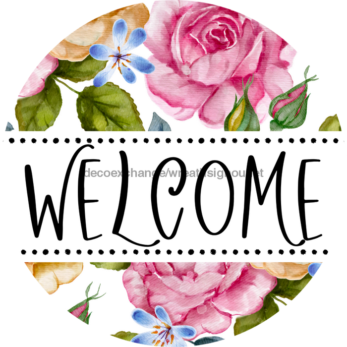Welcome Wreath Sign, Floral Wreath, DECOE-4141-D, 10 Wood Round