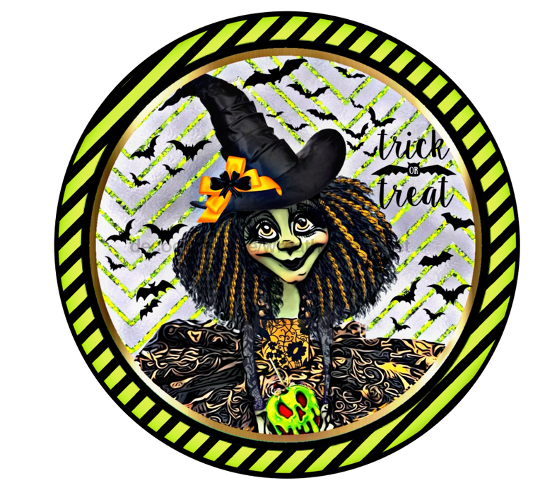 Wreath Sign, 10" Round Vinyl Decal - Halloween Witch - Green Edge - DECOE-042, DecoExchange, Sign For Wreaths - DecoExchange