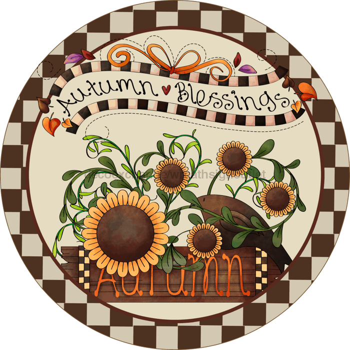 Wreath Sign, Autumn Sign, Sunflower Fall Sign, 18" Wood Round  Sign DECOE-818, Sign For Wreath, DecoExchange