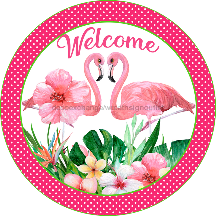 Wreath Sign, Flamingo Sign, Spring Sign, 18" Wood Round  Sign DECOE-273, Sign For Wreath, DecoExchange