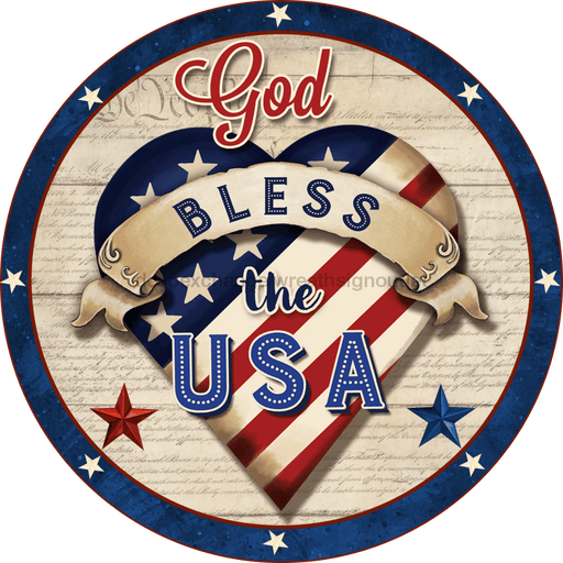 Wreath Sign, God Bless The USA, Patriotic Sign, 18" Wood Round  Sign DECOE-255, Sign For Wreath, DecoExchange