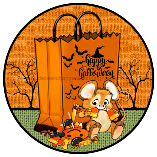 Wreath Sign, Halloween Candy Corn Mouse 18" Wood Round  Sign DECOE-175, Sign For Wreath, DecoExchange