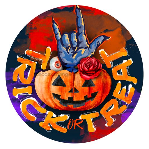 Wreath Sign, Halloween Rocking Trick or Treat Pumpkin 18" Wood Round  Sign DECOE-157