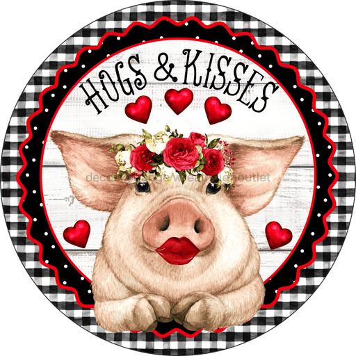 Wreath Sign, Hogs and Kisses, Valentine Sign, 18" Wood Round  Sign DECOE-253, Sign For Wreath, DecoExchange