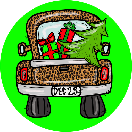 Wreath Sign, Leopard Christmas Truck, 18" Wood Round,  Sign, DECOE-698, DecoExchange, Sign For Wreath