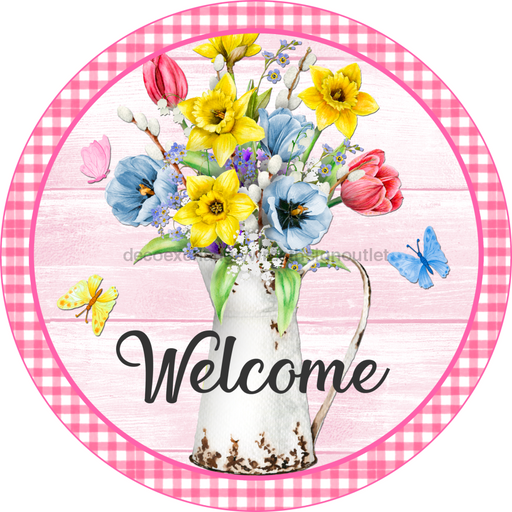 Wreath Sign, Spring Welcome Sign, Pink Floral Sign, 18" Wood Round  Sign DECOE-833, Sign For Wreath, DecoExchange