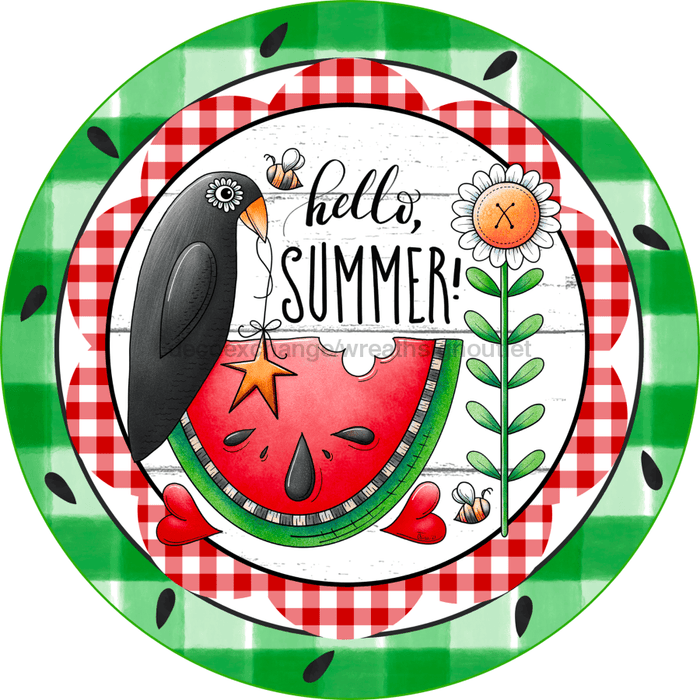 Wreath Sign, Summer Sign, Crow and Watermelon Sign, 10" Round Metal Sign DECOE-830, Sign For Wreath, DecoExchange - DecoExchange