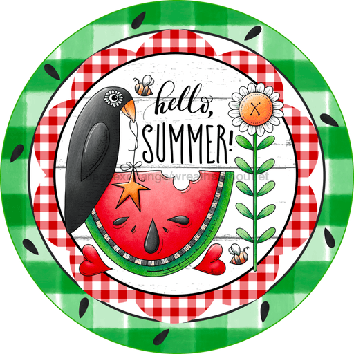 Wreath Sign, Summer Sign, Crow and Watermelon Sign, 18" Wood Round  Sign DECOE-830, Sign For Wreath, DecoExchange
