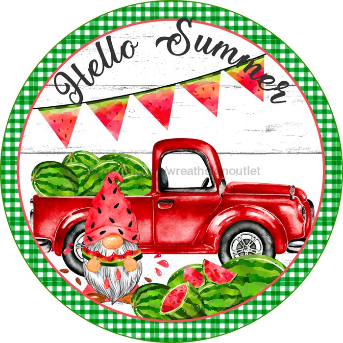 Wreath Sign, Summer Sign, Truck and Watermelon Sign, 10" Round Metal Sign DECOE-834, Sign For Wreath, DecoExchange - DecoExchange