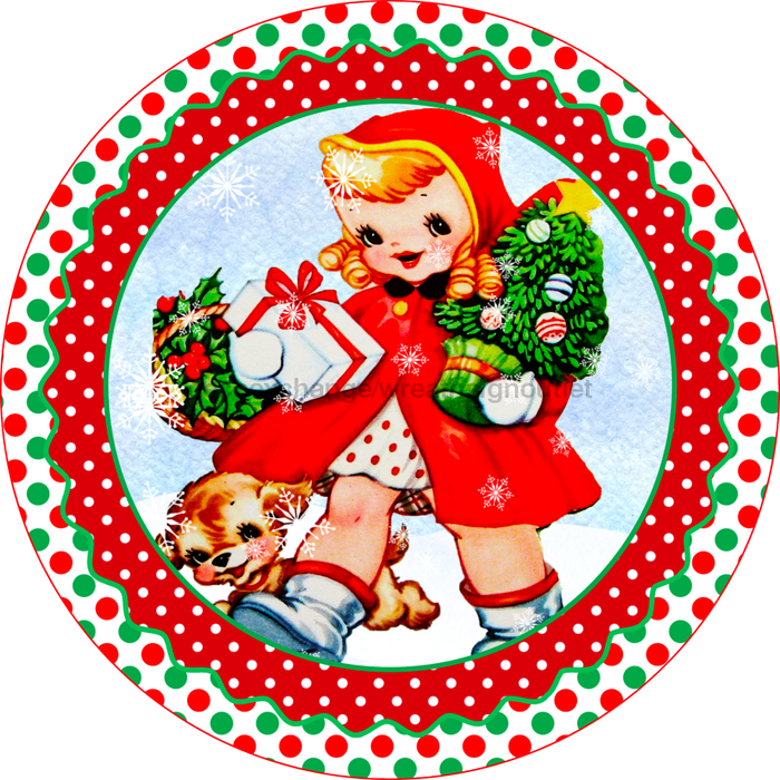 Wreath Sign, Vintage Christmas Sign, Christmas Girl, 18" Wood Round,  Sign, DECOE-752, DecoExchange, Sign For Wreath