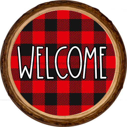 Wreath Sign, Welcome - Buffalo Check Red Wood Round 18" Wood Round  Sign DECOE-179, Sign For Wreath, DecoExchange