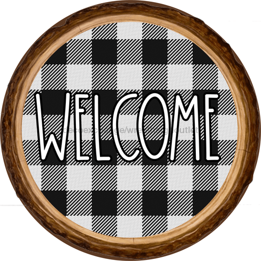 Wreath Sign, Welcome - Buffalo Check Wood Round 18" Wood Round  Sign DECOE-180, DecoExchange, Sign For Wreaths